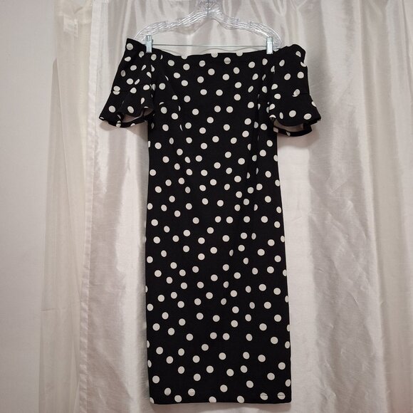 Premier Amour Black & White Polka Dot Off-Shoulder Dress Size 16 - Picture 1 of 16